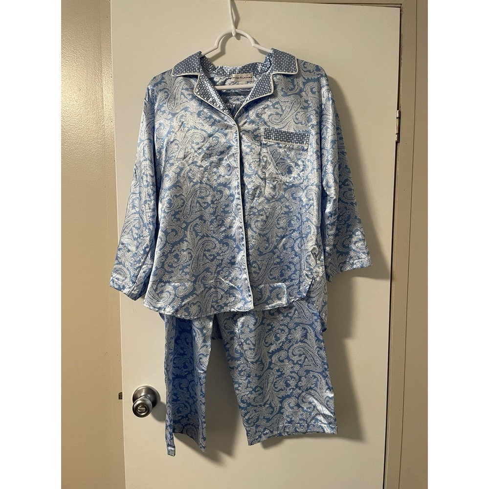 Miss Elaine Blue Paisley Satin Pajama Set Top Button Front Sleepwear Womens M